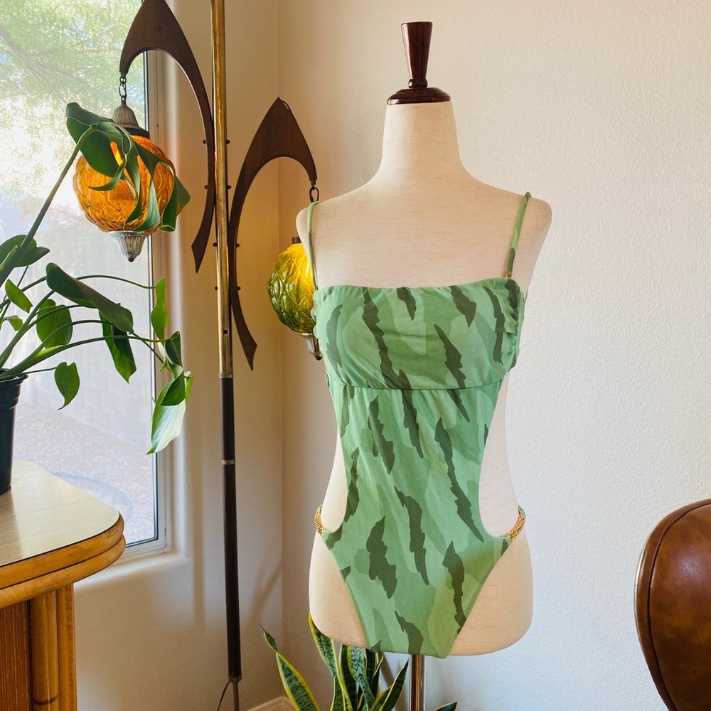 Brazilian Monokini | Green & Gold | Scrunch Butt | S